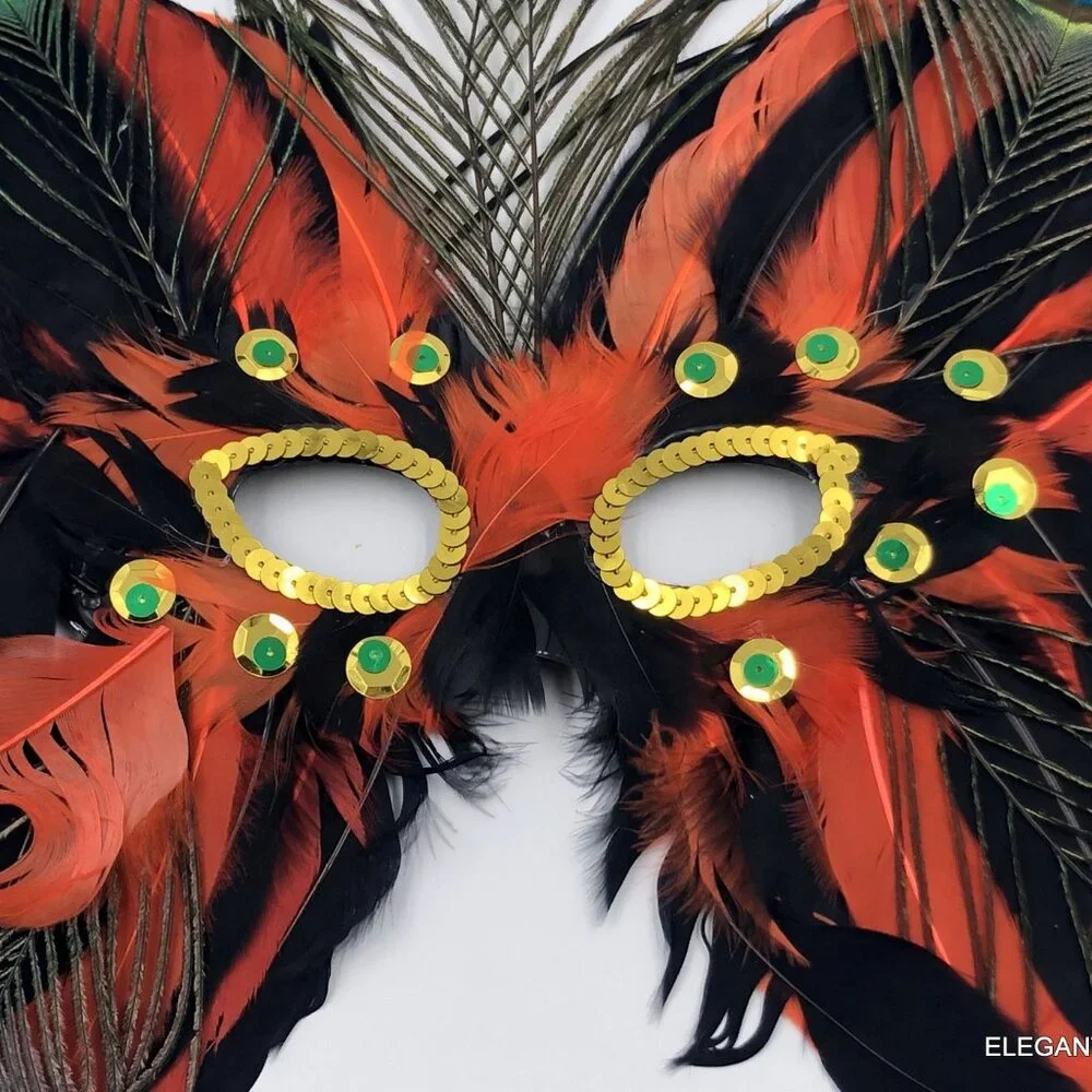 LOT 6 Masqquerade Mardi Gras Mask Adult Feathered Sequins Red Blue Green Orange
